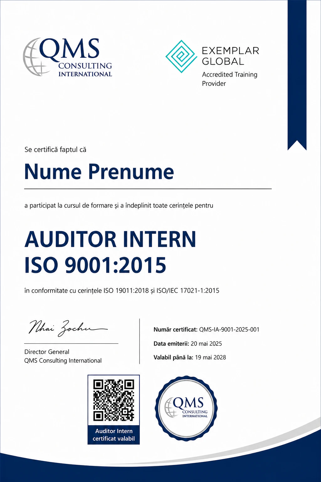 Certificat Auditor Intern ISO acreditat Exemplar Global, emis de QMS Consulting International pentru programe de formare în auditul sistemelor de management ISO